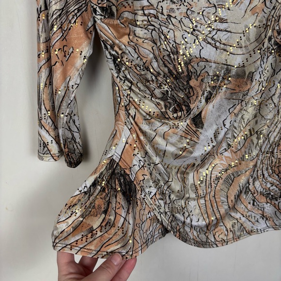 MSK Y2K Abstract Print Stretch Top Ruched 3/4 Sleeve Neutral Grunge Festival - Picture 7 of 11